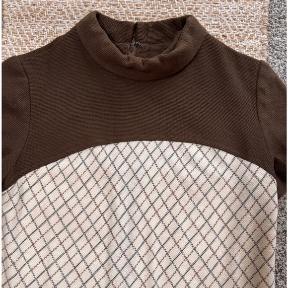 Vintage Poppet Ltd Brown Cream Diamond Print Mock Neck Mod Shift Mini Dress Sz 9 - Picture 2 of 8